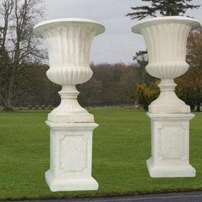 Pair of Giant Flute White Stone Garden Vases on Plinths
