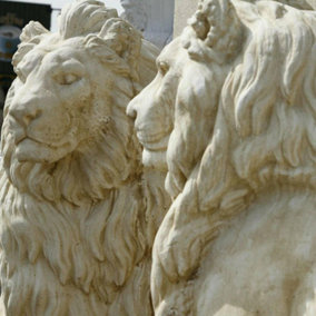 Pair of Giant Stone Cast Lion statues on Plinths 6 ft high, 1600 kg set