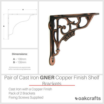Pair of GNER Shelf Brackets Antique Cast Iron with a Copper Finish - 130mm x 130mm - 4