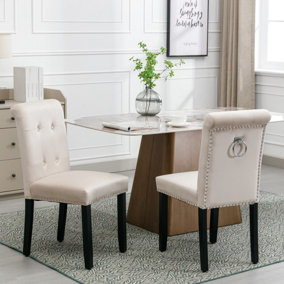 Pair of High Back Velvet Tufted Kitchen Dining Chairs with Pull Knocker Ring Back Office Chairs Beige Cream