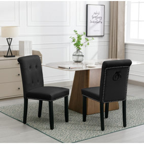 Pair of High Back Velvet Upholstered Kitchen Dining Chairs with Pull Knocker Ring Back Office Chairs Black