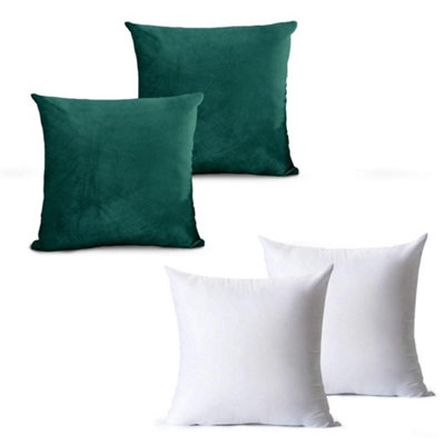 Pair of Hotel Quality Quilted Cushion Pad Velvet Emerald Green