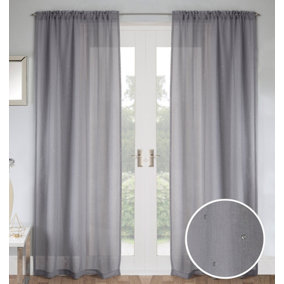 Pair of Jewel Grey Voile Panels with Sparkle Pattern and Rod Pocket Header 137 CMS