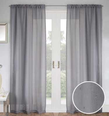 Pair of Jewel Grey Voile Panels with Sparkle Pattern and Rod Pocket Header 229 CMS