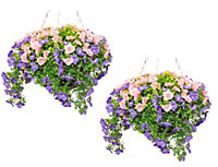 Pair of Large Artificial Petunia Flowers Rattan Hanging Basket Decoration  Purple & Pink 30cm