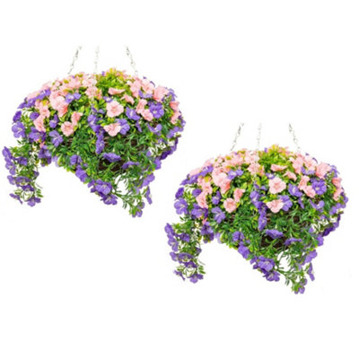 Pair of Large Artificial Petunia Flowers Rattan Hanging Basket Decoration  Purple & Pink 30cm