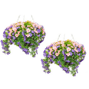 Pair of Large Artificial Petunia Flowers Rattan Hanging Basket Decoration  Purple & Pink 30cm
