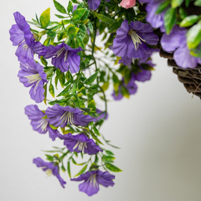 Pair of Large Artificial Petunia Flowers Rattan Hanging Basket Decoration  Purple & Pink 30cm