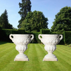 Pair of Large Fruit design White Stone Vases