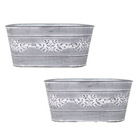 Pair of Leaf Vine Tin Trough Planters in Grey, Perfect for your garden plants