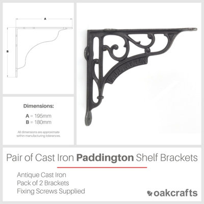 Pair of London Paddington Shelf Brackets Antique Cast Iron - 195mm x 170mm / 7" x 7.75"