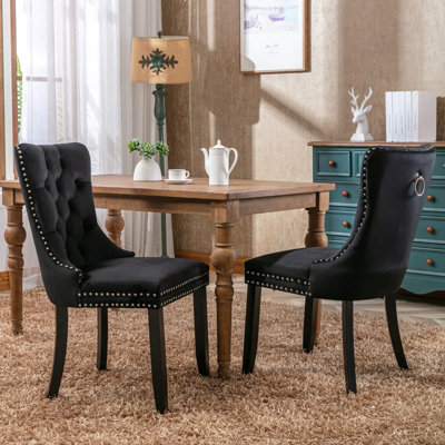 Pair of Lux Black Velvet Kitchen Dining Chairs with Pull Knocker Wing Back Bedroom Office Chairs