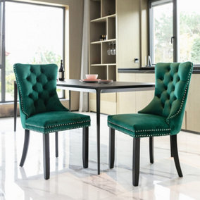 Pair of Lux Green Velvet Kitchen Dining Chairs with Knocker Wing Back Bedroom Office Chairs