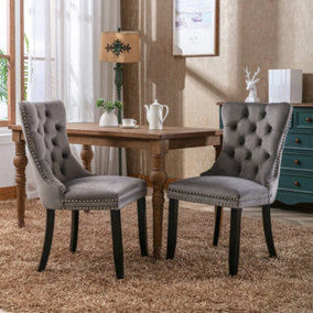Pair of Lux Grey Velvet Kitchen Dining Chairs with Knocker Wing Back Bedroom Office Chairs