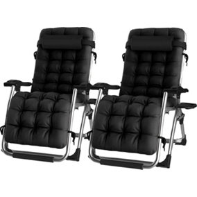 Pair of Luxury Gravity Garden Sun Lounger / Relaxer Chair with Cushion - Black