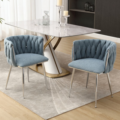 Pair of Modern Hand Weaving Dining Chairs Upholstered Side Chairs Kitchen Chairs with Armrest for Dining Room Blue