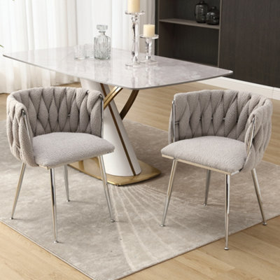 Pair of Modern Hand Weaving Dining Chairs Upholstered Side Chairs Kitchen Chairs with Armrest for Dining Room Grey