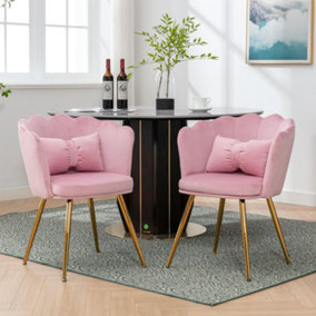 Pair of Pink Velvet Upholstered Dining Chairs Office Armchairs with Pillows