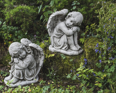 Pair of Resting Angels Stone Garden Ornaments