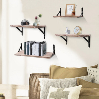 UNHO Rustic Industrial Floating Wall Shelf – Wood & Metal, 60cm, Brown/Black, Vintage Style