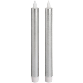 Pair of Silver Luxe Flickering Flame LED Wax Dinner Candles - Wax - L2 x W2 x H25 cm - White