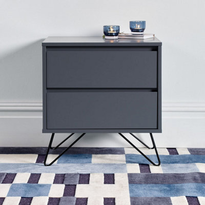 Pair of Sofia 2 Drawer Steel Grey Bedside Tables With Black Feet