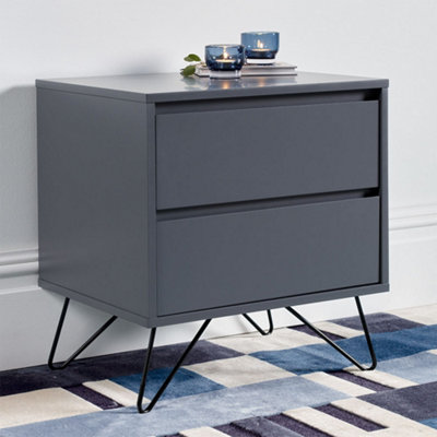 Pair of Sofia 2 Drawer Steel Grey Bedside Tables With Black Feet