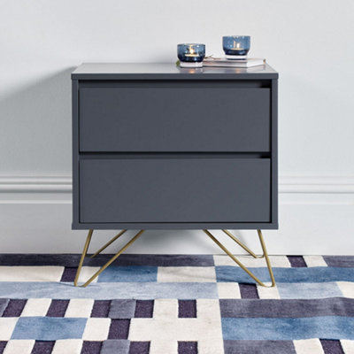 Pair of Sofia 2 Drawer Steel Grey Bedside Tables With Brass Steel Feet