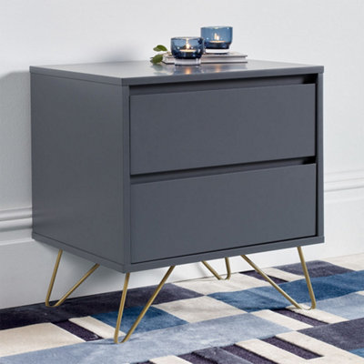 Pair of Sofia 2 Drawer Steel Grey Bedside Tables With Brass Steel Feet