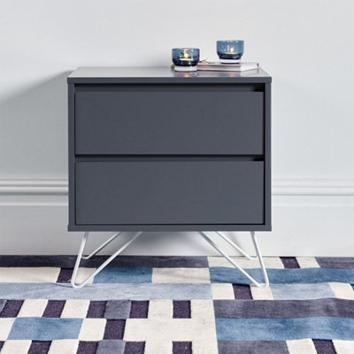 Pair of Sofia 2 Drawer Steel Grey Bedside Tables With White Feet