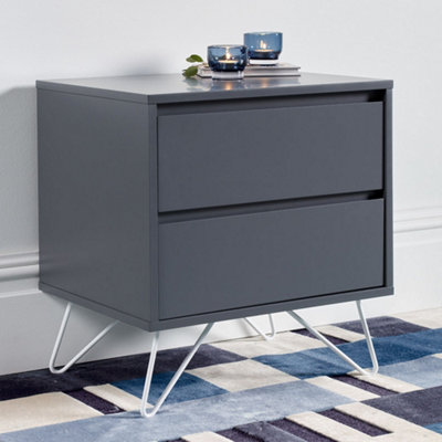 Pair of Sofia 2 Drawer Steel Grey Bedside Tables With White Feet