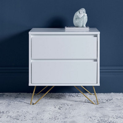 Pair of Sofia 2 Drawer White Bedside Tables With Brass Steel Feet