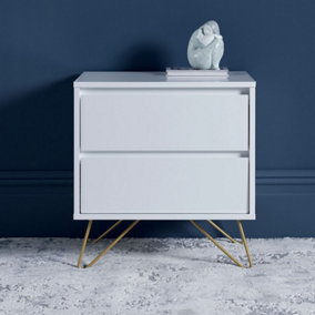 Pair of Sofia 2 Drawer White Bedside Tables With Brass Steel Feet