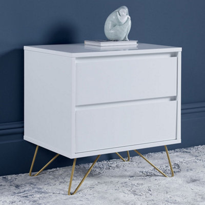 Pair of Sofia 2 Drawer White Bedside Tables With Brass Steel Feet