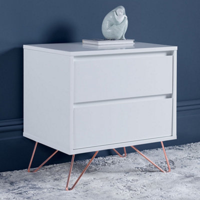 Pair of Sofia 2 Drawer White Bedside Tables With Pink Copper Feet