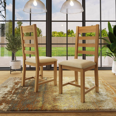 Pair Of Solid Natural Oak Slat Back Dining Chairs