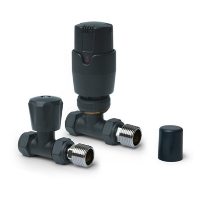 Pair of Straight Grey Thermostatic Radiator Valves