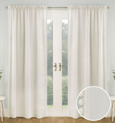 Pair of Tahiti Cream Pom-Pom Trim Linen Look Voile Panels with Rod Pocket Header 122 CMS