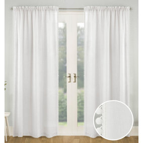 Pair of Tahiti White Pom-Pom Trim Linen Look Voile Panels with Rod Pocket Header 122 CMS