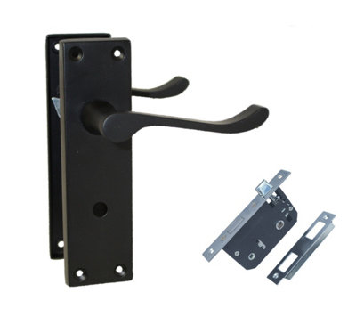 Pair of Victorian Scroll Style Bathroom Handle and Bath Sash Lock - Matt Black