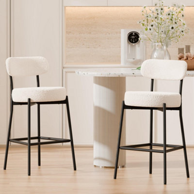 Pair of White Upholstered Bar Stools, Teddy Fabric Kitchen Breakfast Barstools with Curved Backrest