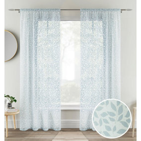 Pair of Willow Blue Leaf Print on Linen Look Panels, with Rod Pocket Header 122 CM