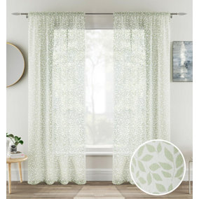 Pair of Willow Green Leaf Print on Linen Look Panels, with Rod Pocket Header 122 CM