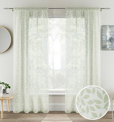 Pair of Willow Green Leaf Print on Linen Look Panels, with Rod Pocket Header 229 CM