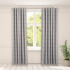 Pair Of Woven Check Eyelet Curtains Blackout Textured