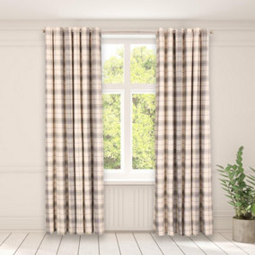Pair Of Woven Check Eyelet Curtains Textured