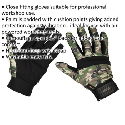 PAIR Padded Mechanics Gloves - XXL - Camo Print - Washable Workshop Gloves