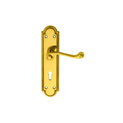 PAIR Reeded Scroll Handle on Shaped Lock Backplate 205 x 49mm Polished Brass
