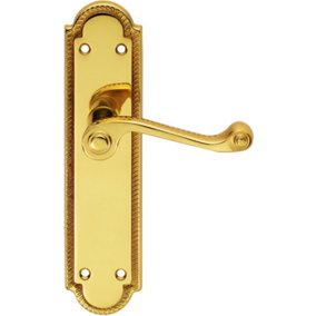 PAIR Reeded Scroll Lever on Shaped Latch Backplate 205 x 49mm Polished Brass