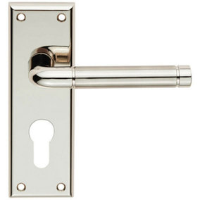 PAIR Round Bar Lever on Euro Lock Backplate 150 x 50mm Polished & Satin Nickel